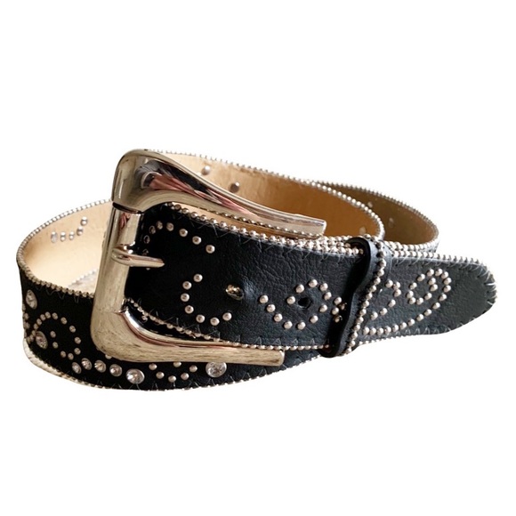 Y2K Belt Accessories - Black Embellished Rivet Large Silver Belt Size Medium Retro 80s 90s Y2K Rocker